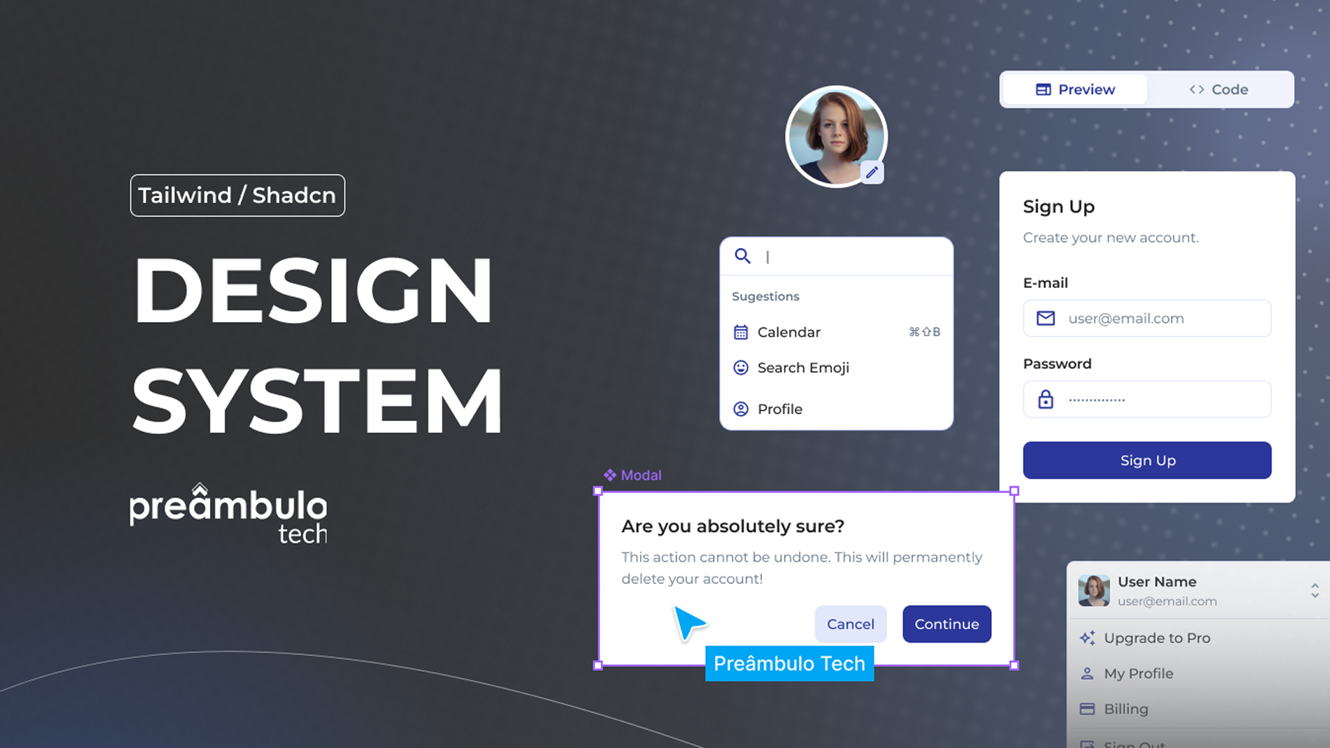Telas do design system da Preâmbulo Tech